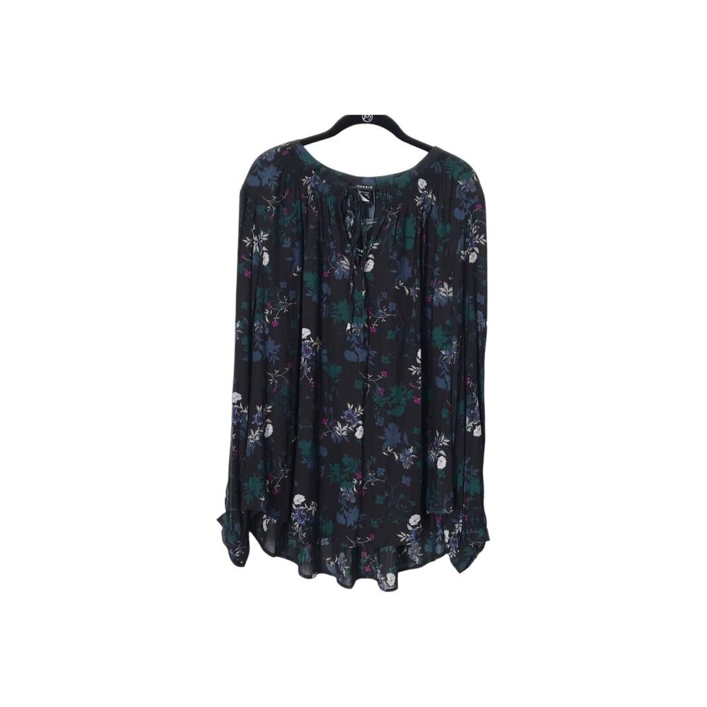 Torrid Top Size 3X Black Floral Tie Neck Pleated Peasant Boho Whimsigoth Blouse
